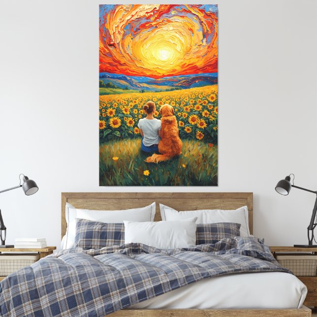 Impressão Em Tela Sunflower Field Sunset Dog and Girl Art (Insitu(Quarto))