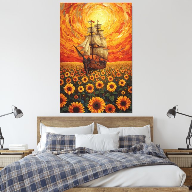 Impressão Em Tela  Sunlit Sunflower Sea - Whimsical Sailing Ship Fan (Insitu(Quarto))