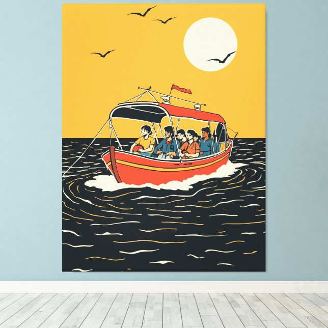 Impressão Em Tela Sunset Boat Ride – Retro Minimalist (Insitu(piso de madeira))