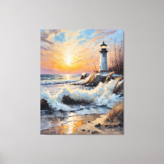 Impressão Em Tela Sunset Lighthouse – Coastal Impressionist Seascape