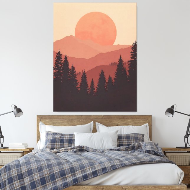 Impressão Em Tela Sunset Mountain Forest Nature Illustration (Insitu(Quarto))