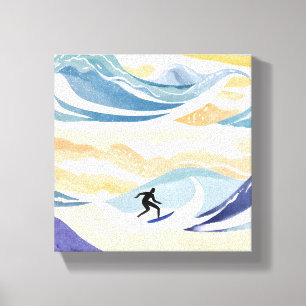 Impressão Em Tela Surfar na Onda Oceano Contemporâneo em Aquarela