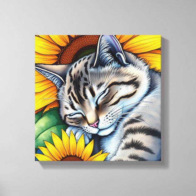Impressão Em Tela Sweet Napping Gray Cat and Sunflower (Frente)
