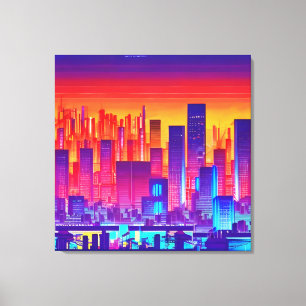 Impressão Em Tela Synthwave/Cyberpunk City no Sunset
