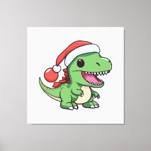 Impressão Em Tela T-Rex Dinossauro Kawaii em Chapéu de Natal