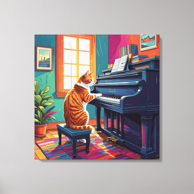 Impressão Em Tela Tabby Cat Tocando o Piano (Frente)
