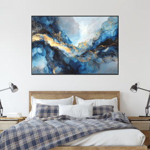Impressão Em Tela Tela Abstrata Azul e Veio Dourado Mármore