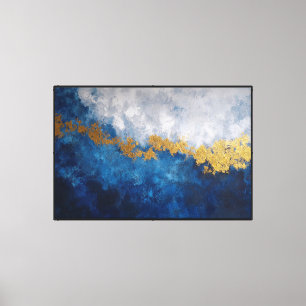 Impressão Em Tela Tela Abstrata Horizonte Nebuloso Azul e Dourado