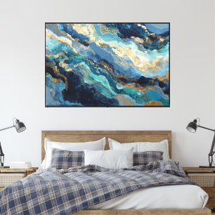 Impressão Em Tela Tela Abstrata Turquesa e Dourado em Redemoinho