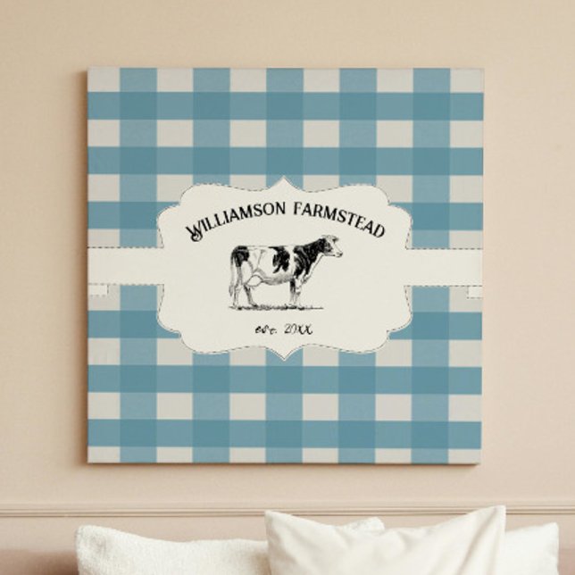 Impressão Em Tela Tela de Fazenda de Búfalo Azul (Blue Buffalo Plaid Farm Cow Canvas Print)