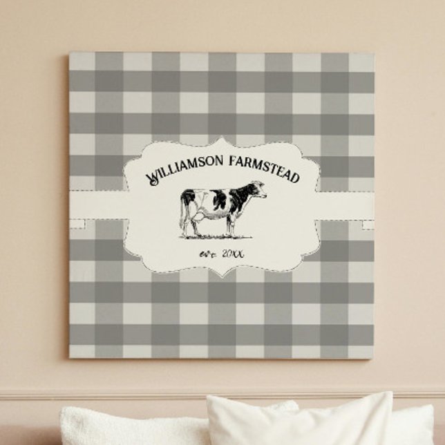 Impressão Em Tela Tela de Fazenda de Xadrez de Búfalo cinza (Gray Buffalo Plaid Farm Cow Canvas Print)