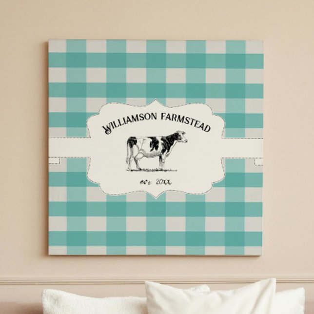 Impressão Em Tela Tela de Fazenda de Xadrez de Búfalo Teal (Teal Buffalo Plaid Farm Cow Canvas Print)