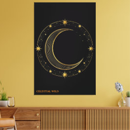 Impressão Em Tela Tela de Luxo Preto Dourado Arte Celestial da Lua