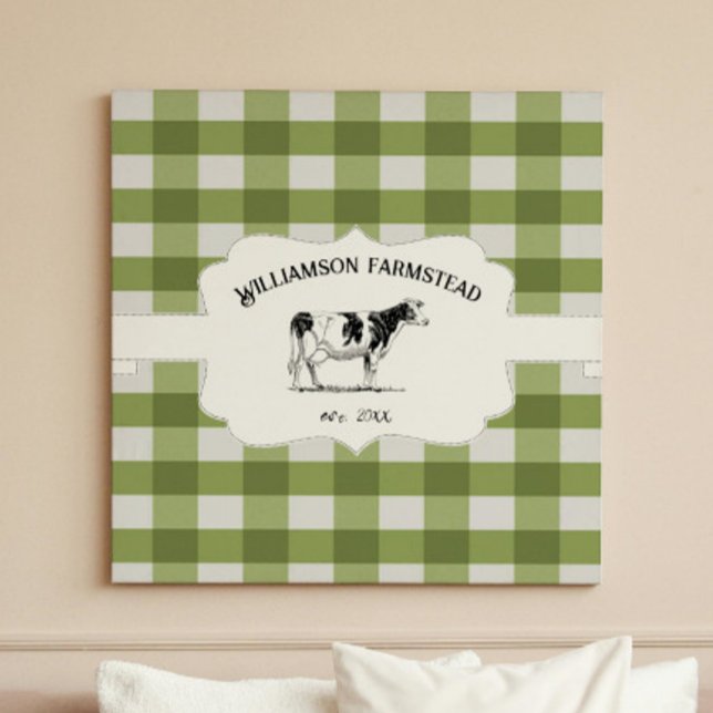 Impressão Em Tela Tela de tela de Fazenda de Búfalo Verde (Green Buffalo Plaid Farm Cow Canvas Print)