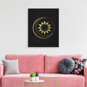 Impressão Em Tela Tela Harmonia Celestial Dourada Lua Sol Arte