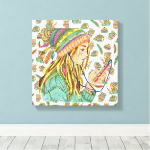 Impressão Em Tela Tema de Menina com Chapéu Boho em Tela