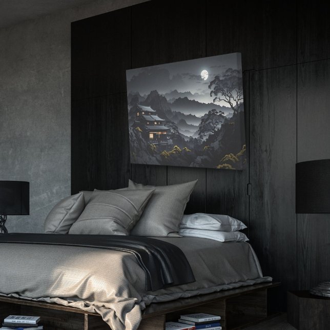 Impressão Em Tela Templo de Lua da Paisagem Noturna Escura Japonesa (Criador carregado)