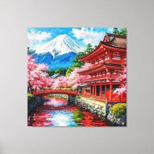 Impressão Em Tela Templo Japonês Tradicional com Floradas de Cerejei
