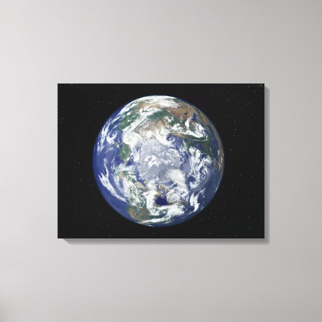 Impressão Em Tela Terra totalmente iluminada centrada no Polo Norte (Frente)