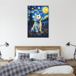 Impressão Em Tela Térrier West Highland Estrela Noite Pintura a Óleo