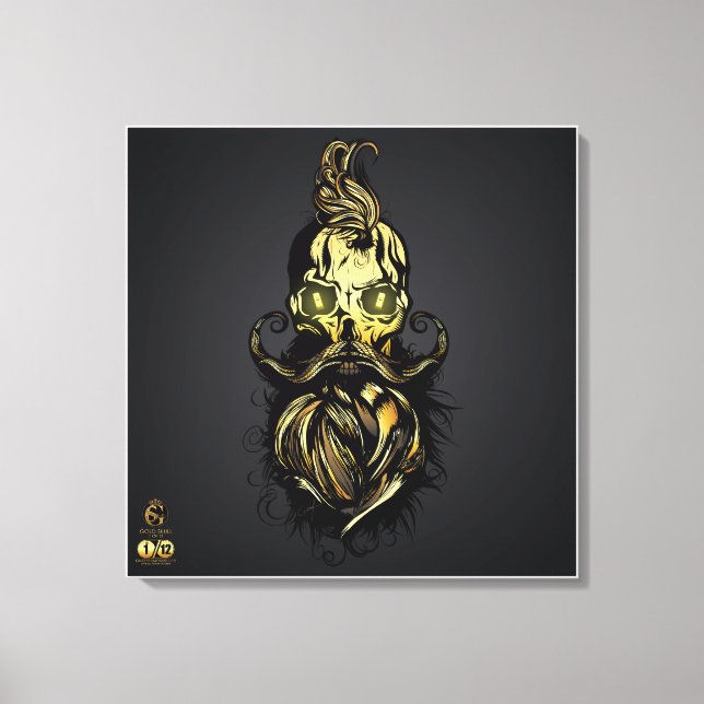 Impressão Em Tela Tête de mort hipster barbu et moustachu or (Frente)