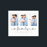 Impressão Em Tela Texto Personalizado do Modelo de Fotografia da Fam<br><div class="desc">Este design apresenta três das suas fotos favoritas com o texto "família" abaixo em um roteiro elegante de caligrafia e seus nomes e data abaixo #art #wallart #canvas #canvasart #walldecor #home #homedecor #photoógrafo #familia #lgbt #pride#gay #lesbian #lgbtFamily</div>