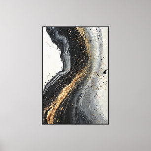Impressão Em Tela Textura Abstrata Giratória Preta, Cinza e Dourada