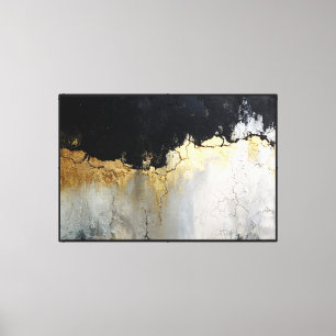 Impressão Em Tela Textura Abstrata Rachada Preta, Dourada e Branca