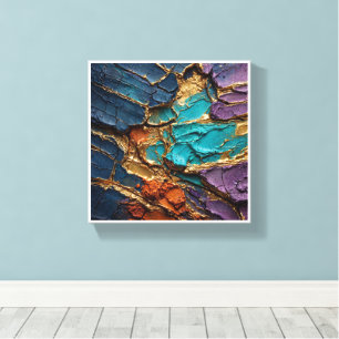 Impressão Em Tela Textura de Impasto Rachado com Ouro Líquido e Vibr