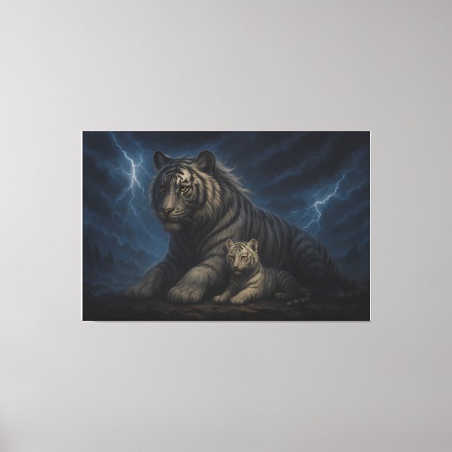 Impressão Em Tela Thunderstorm Guardian White Tiger & Cub – Fantasy  (Frente)