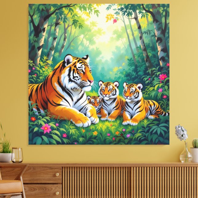 Impressão Em Tela  Tigerfamilie im Einklang der Natur (Insitu(Sala de estar))