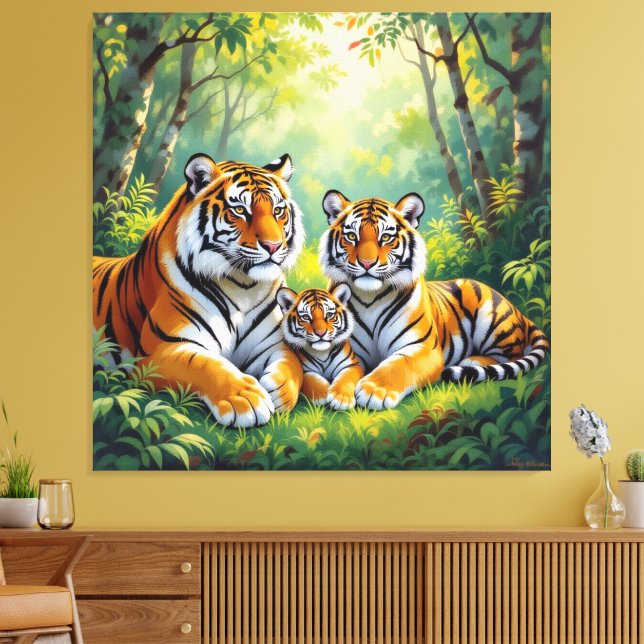 Impressão Em Tela  Tigerfamilie im Einklang der Natur (Insitu(Sala de estar))