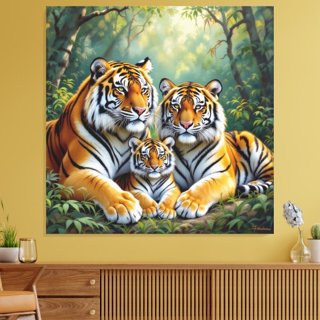 Impressão Em Tela  Tigerfamilie im Einklang der Natur (Insitu(Sala de estar))