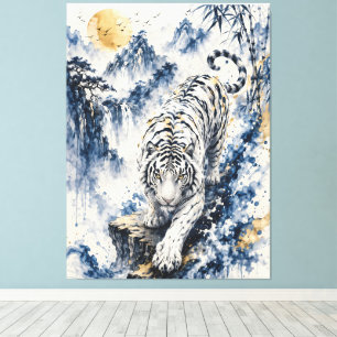 Impressão Em Tela Tigre Branco em Paisagem de Tinta Azul – Elegante