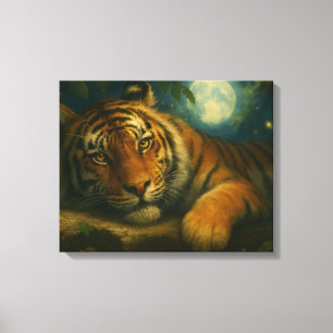 Impressão Em Tela Tigre de Aquarela Descansado na Floresta Noturna