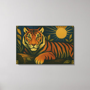 Impressão Em Tela Tigre Estilizado na Moldura Ornamental Sunburst