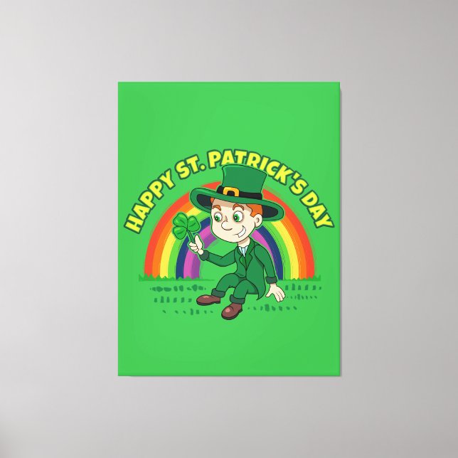 Impressão Em Tela Toon leprechaun bonito com shamrock e arco-íris (Frente)