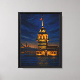 Impressão Em Tela Torre de solteira em Istambul à noite com bandeira