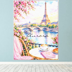 Impressão Em Tela Torre Eiffel em aquarela Paris Floral Rosa Francês