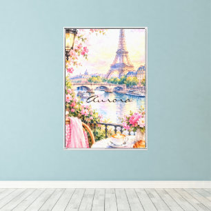 Impressão Em Tela Torre Eiffel em Aquarela Paris Floral Rosa Francês