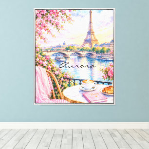 Impressão Em Tela Torre Eiffel em aquarela Paris Floral Rosa Francês