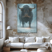 Touro Furioso na Neve Inverno Azul Arte Ocidental