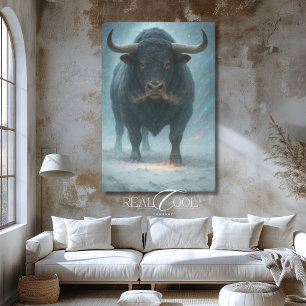 Impressão Em Tela Touro Furioso na Neve Inverno Azul Arte Ocidental