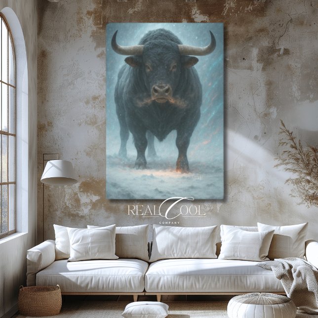 Impressão Em Tela Touro Furioso na Neve Inverno Azul Arte Ocidental (Charging Bull in Snow Winter Blue Western Art Canvas Print)