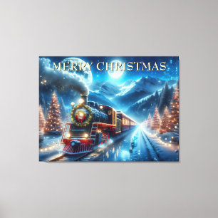 Impressão Em Tela Trem de Natal com Grinalda e Pinheiros Nevados