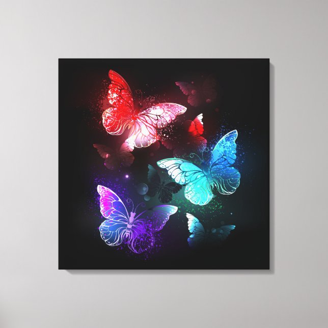 Impressão Em Tela Três Borboletas brilhantes sobre o fundo noturno (Frente)