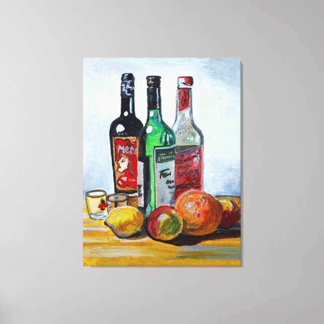 Impressão Em Tela Três garrafas de vinho e Fruta (Frente)