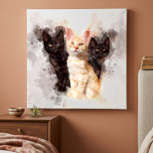 Impressão Em Tela Três gatinhos, lindos e bonitos, de aquarela