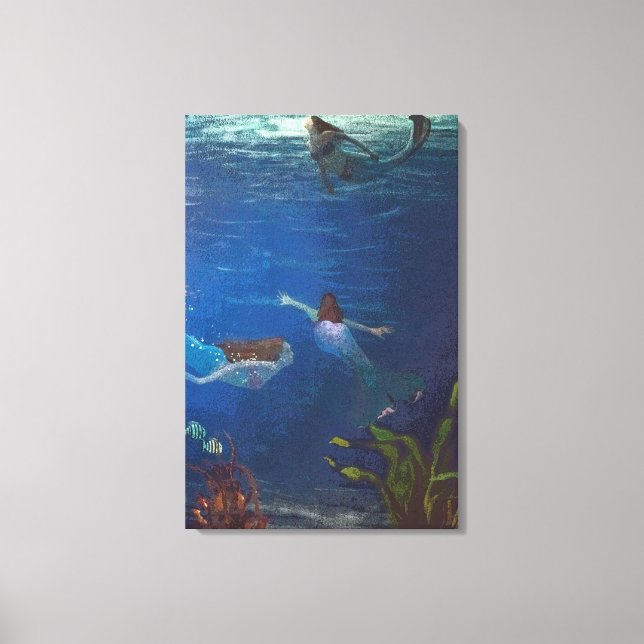 Impressão Em Tela Três Sereias Nadando Sob Água (Frente)