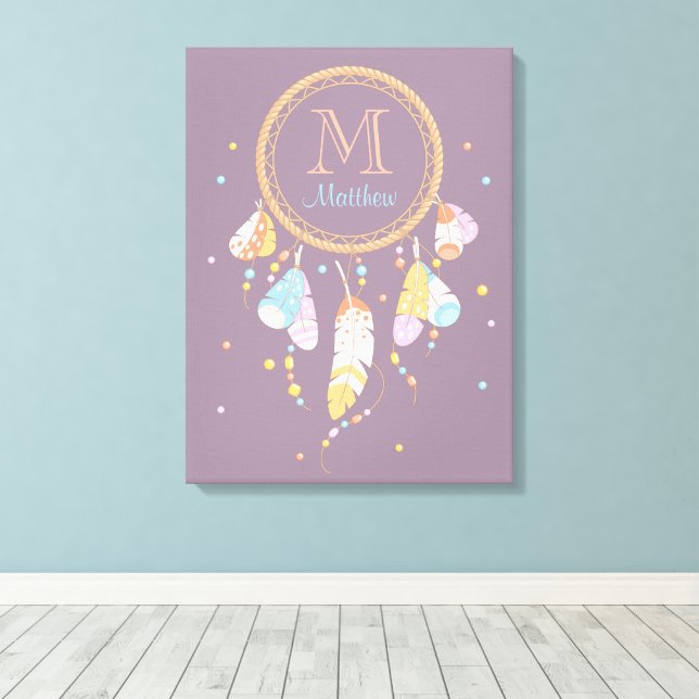 Impressão Em Tela Tribal Dreamcatcher Boho Purple Monograma Inicial (Insitu(piso de madeira))